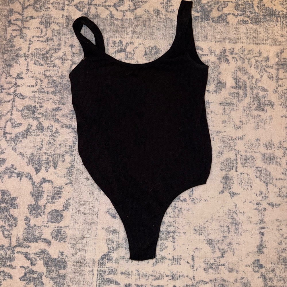 Ribbed Black Thong Bodysuit
